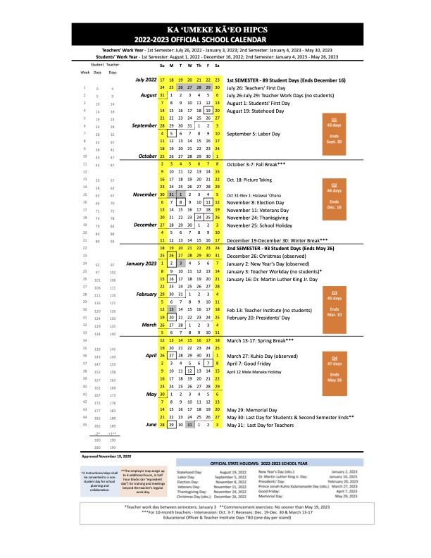 2022-23 Ka ʻUmeke Kāʻeo Official School Calendar